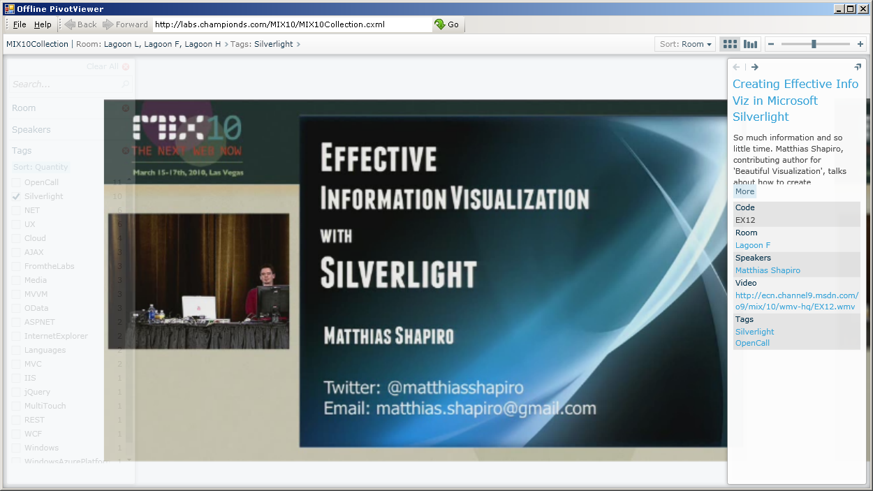 Screenshot of Offline PivotViewer browsing the MIX10 schedule collection